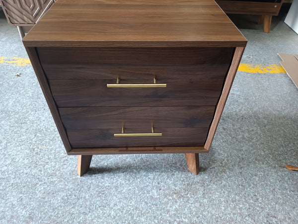 Walnut-Colored Two Drawer Nightstand with Pine Legs and Metal Hardware for Modern Bedrooms