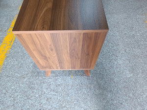 Walnut-Colored Two Drawer Nightstand with Pine Legs and Metal Hardware for Modern Bedrooms