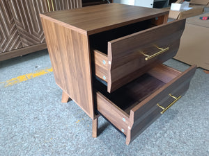 Walnut-Colored Two Drawer Nightstand with Pine Legs and Metal Hardware for Modern Bedrooms