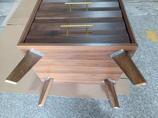 Walnut-Colored Two Drawer Nightstand with Pine Legs and Metal Hardware for Modern Bedrooms