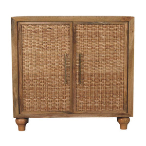 Artisan Solid Mango Wood Cabinet with Woven Rattan Doors Oak Finish Storage