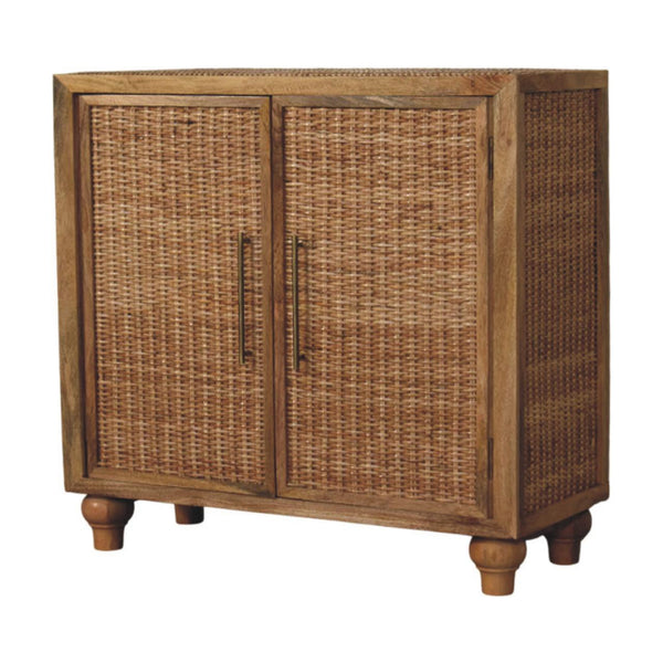 Artisan Solid Mango Wood Cabinet with Woven Rattan Doors Oak Finish Storage