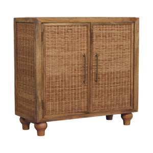 Artisan Solid Mango Wood Cabinet with Woven Rattan Doors Oak Finish Storage