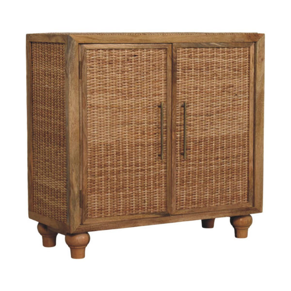 Artisan Solid Mango Wood Cabinet with Woven Rattan Doors Oak Finish Storage