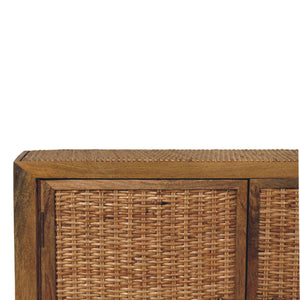 Artisan Solid Mango Wood Cabinet with Woven Rattan Doors Oak Finish Storage