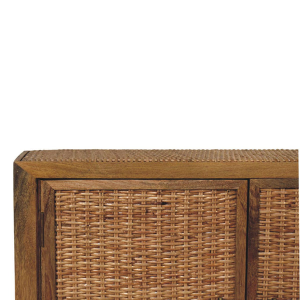 Artisan Solid Mango Wood Cabinet with Woven Rattan Doors Oak Finish Storage