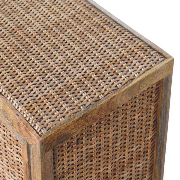 Artisan Solid Mango Wood Cabinet with Woven Rattan Doors Oak Finish Storage