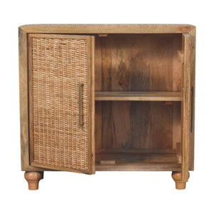 Artisan Solid Mango Wood Cabinet with Woven Rattan Doors Oak Finish Storage