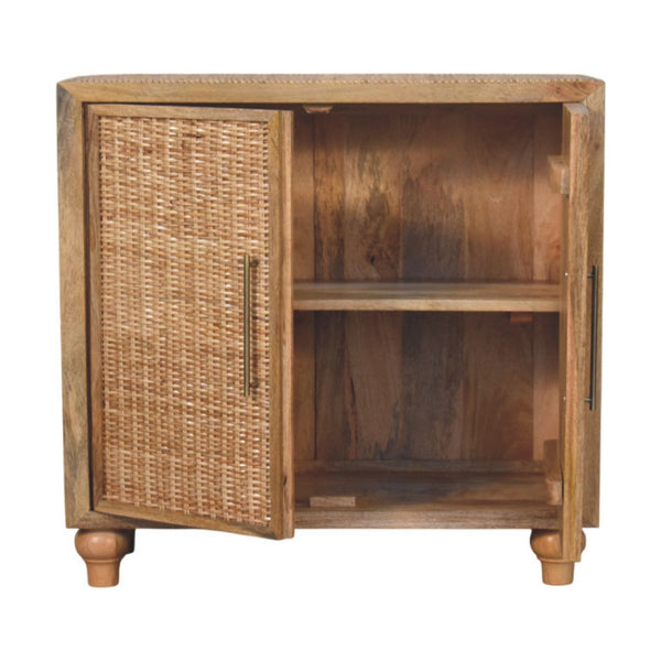 Artisan Solid Mango Wood Cabinet with Woven Rattan Doors Oak Finish Storage