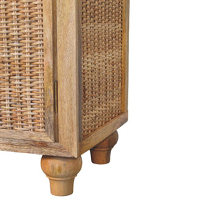 Artisan Solid Mango Wood Cabinet with Woven Rattan Doors Oak Finish Storage