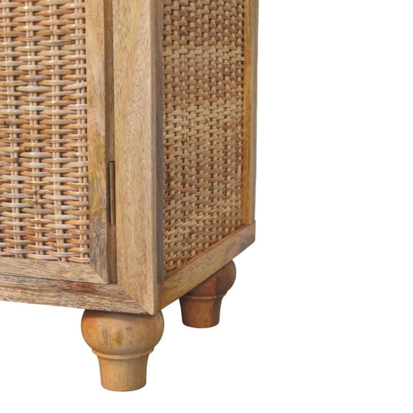 Artisan Solid Mango Wood Cabinet with Woven Rattan Doors Oak Finish Storage