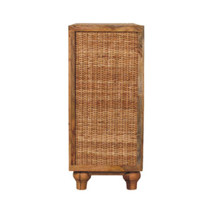 Artisan Solid Mango Wood Cabinet with Woven Rattan Doors Oak Finish Storage