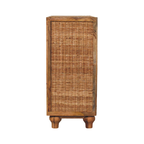 Artisan Solid Mango Wood Cabinet with Woven Rattan Doors Oak Finish Storage