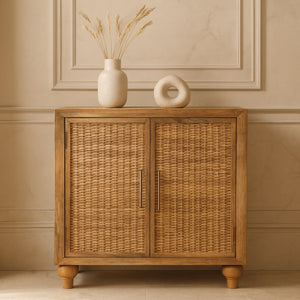 Artisan Solid Mango Wood Cabinet with Woven Rattan Doors Oak Finish Storage