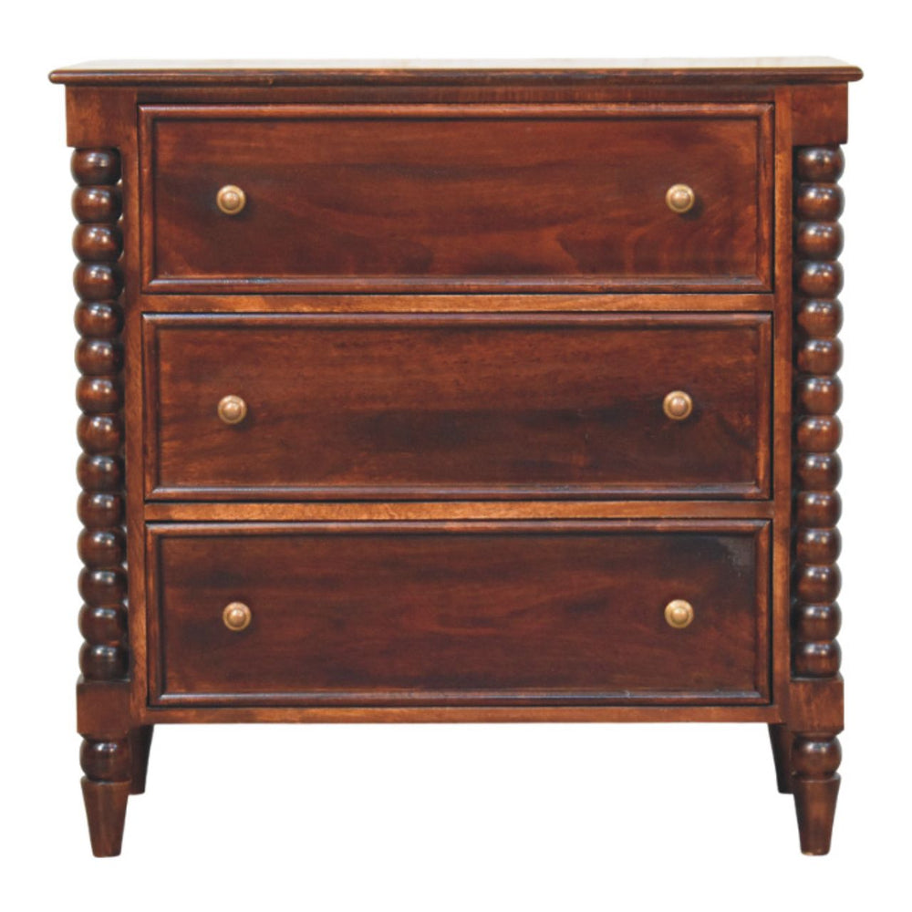 English Elm Solid Solid Wood Barclay 3 Drawer Chest in Winewood Oak Finish, Turned Legs, Compact 17.7"x35.4" B182P391932