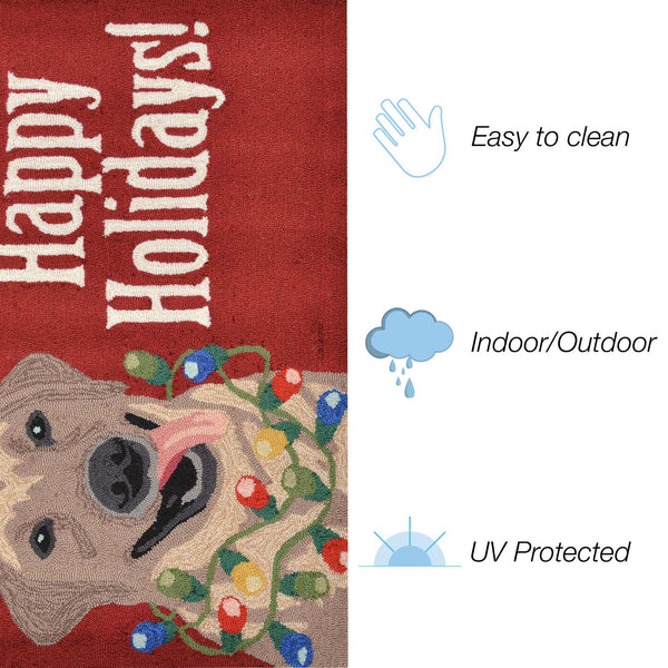 Trans Ocean Liora Manne Frontporch Happy Holidays Indoor/Outdoor Pillow - Cheerful Lab With Festive Lights Red Polyester,Acrylic Ftp12156124