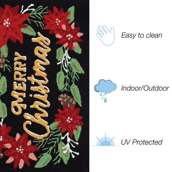 Trans Ocean Liora Manne Merry Christmas Indoor/Outdoor Mat With Festive Poinsettia Design For Holiday Cheer Black Polyester,Acrylic Ftp23469748