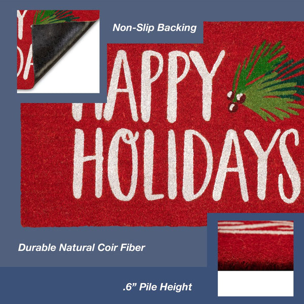 Trans Ocean Liora Happy Holidays Holly Outdoor Mat - Festive Red Coir Design With Botanical Leaves, 1'6" X 2'6" Red Coir Ntr12251324