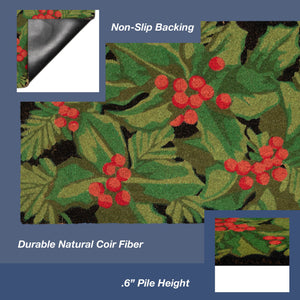 Trans Ocean Liora Manne Natura Hollyberries Outdoor Mat - Festive Black Design With Green Leaves & Red Berries Black Coir Ntr12253848