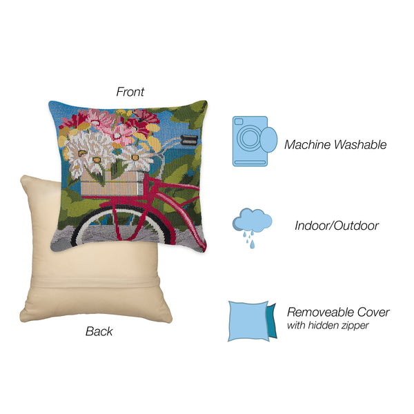 Trans Ocean Liora Manne Marina Summer Ride Pillow - 18" X 18" Easy Care Indoor/Outdoor Floral Bike Design Blue Polypropylene,Polyester 7mr8s960003