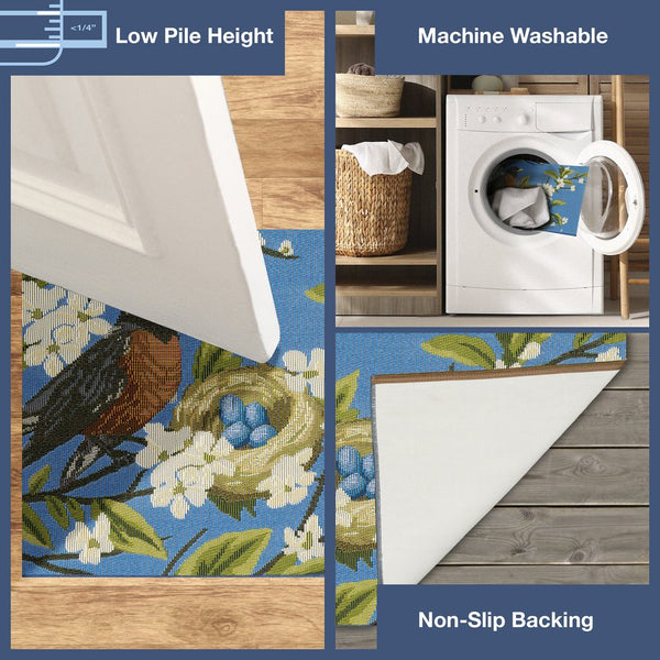 Trans Ocean Liora Manne Esencia Robin's Nest Indoor/Outdoor Mat - Whimsical Design With Charming Bird & Flowers Blue Polypropylene,Polyester Ecnr5958603