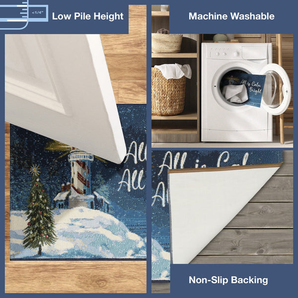 Trans Ocean Liora Manne Esencia All Is Calm Coastal Welcome Mat - Vibrant Lighthouse & Holiday Cheer Decor Navy Polypropylene,Polyester Ecn23971747
