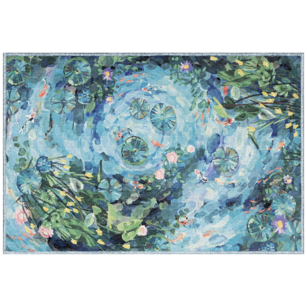 Trans Ocean Liora Manne Impressions Peace Pond Indoor Mat - Modern Coastal Design With Koi And Lily Blooms Blue Polyester Ipr23293204