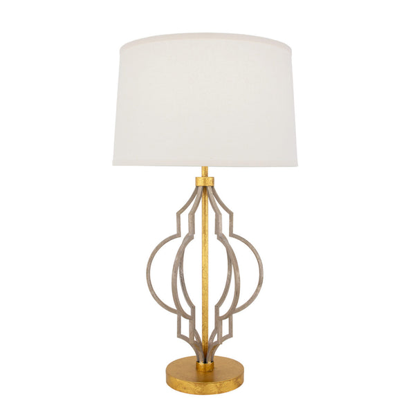 Zeugma Ir923 Elegant Champagne & Gold Table Lamp - Modern Geometric Design With Linen Shade, 3-way Switch Antiqued Champagne And Gold Leaf Finish Iron And Linen Fabric Ir923 Champagne & Gold
