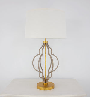 Zeugma Ir923 Elegant Champagne & Gold Table Lamp - Modern Geometric Design With Linen Shade, 3-way Switch Antiqued Champagne And Gold Leaf Finish Iron And Linen Fabric Ir923 Champagne & Gold