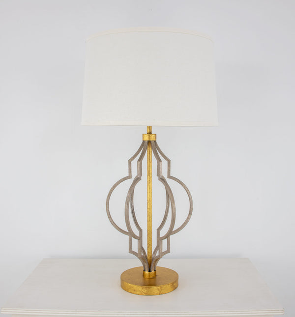 Zeugma Ir923 Elegant Champagne & Gold Table Lamp - Modern Geometric Design With Linen Shade, 3-way Switch Antiqued Champagne And Gold Leaf Finish Iron And Linen Fabric Ir923 Champagne & Gold