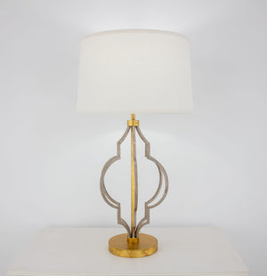 Zeugma Ir923 Elegant Champagne & Gold Table Lamp - Modern Geometric Design With Linen Shade, 3-way Switch Antiqued Champagne And Gold Leaf Finish Iron And Linen Fabric Ir923 Champagne & Gold