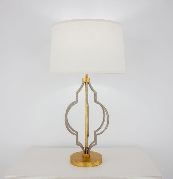Zeugma Ir923 Elegant Champagne & Gold Table Lamp - Modern Geometric Design With Linen Shade, 3-way Switch Antiqued Champagne And Gold Leaf Finish Iron And Linen Fabric Ir923 Champagne & Gold