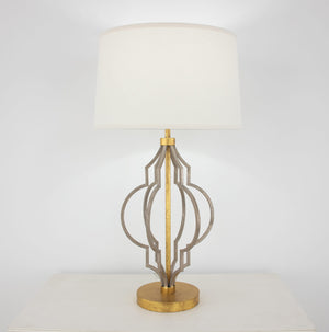 Zeugma Ir923 Elegant Champagne & Gold Table Lamp - Modern Geometric Design With Linen Shade, 3-way Switch Antiqued Champagne And Gold Leaf Finish Iron And Linen Fabric Ir923 Champagne & Gold