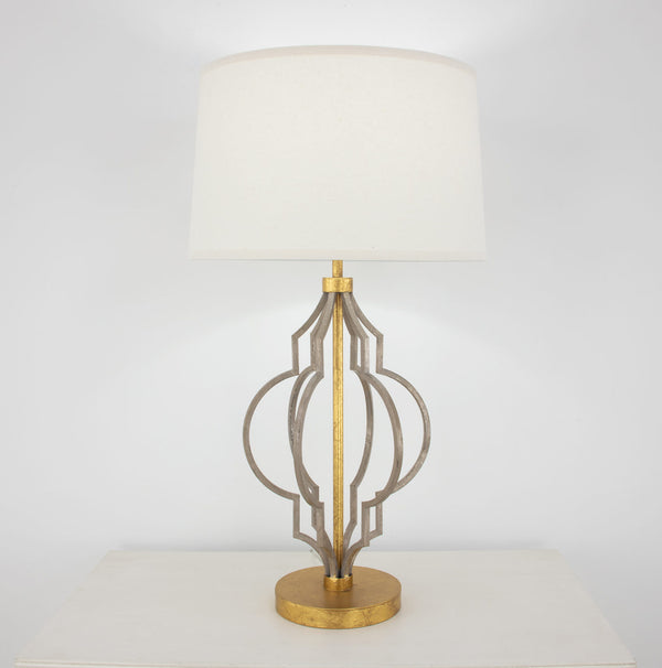 Zeugma Ir923 Elegant Champagne & Gold Table Lamp - Modern Geometric Design With Linen Shade, 3-way Switch Antiqued Champagne And Gold Leaf Finish Iron And Linen Fabric Ir923 Champagne & Gold