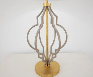 Zeugma Ir923 Elegant Champagne & Gold Table Lamp - Modern Geometric Design With Linen Shade, 3-way Switch Antiqued Champagne And Gold Leaf Finish Iron And Linen Fabric Ir923 Champagne & Gold