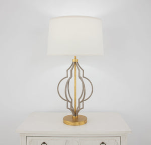 Zeugma Ir923 Elegant Champagne & Gold Table Lamp - Modern Geometric Design With Linen Shade, 3-way Switch Antiqued Champagne And Gold Leaf Finish Iron And Linen Fabric Ir923 Champagne & Gold