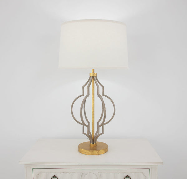 Zeugma Ir923 Elegant Champagne & Gold Table Lamp - Modern Geometric Design With Linen Shade, 3-way Switch Antiqued Champagne And Gold Leaf Finish Iron And Linen Fabric Ir923 Champagne & Gold