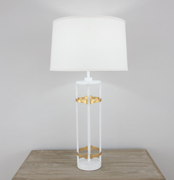 Zeugma Ir931 Elegant White & Gold Table Lamp - Large Linen Shade, Stylish Design For Modern Spaces Antiqued White And Gold Leaf Finish Iron And Linen Fabric Ir931 White & Gold