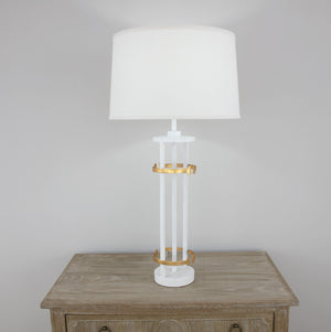 Zeugma Ir931 Elegant White & Gold Table Lamp - Large Linen Shade, Stylish Design For Modern Spaces Antiqued White And Gold Leaf Finish Iron And Linen Fabric Ir931 White & Gold