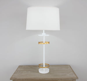 Zeugma Ir931 Elegant White & Gold Table Lamp - Large Linen Shade, Stylish Design For Modern Spaces Antiqued White And Gold Leaf Finish Iron And Linen Fabric Ir931 White & Gold