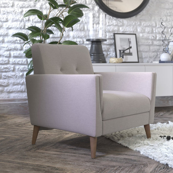 English Elm Conrad Mid-Century Modern Armchair with Tufted Faux Linen Upholstery & Solid Wood Legs for Comfort IS-22271C-TAUPE-GG