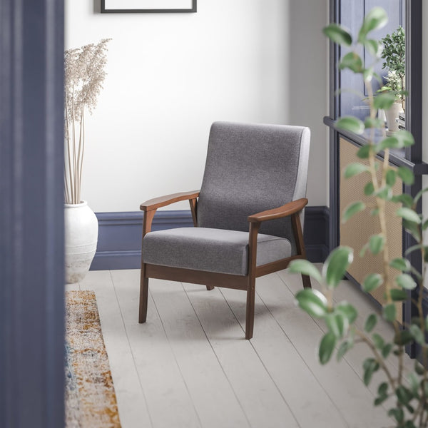 English Elm Langston Commercial-Grade Upholstered Mid Century Modern Arm Chair with Walnut Frame for Comfort Dark Gray Faux Linen IS-IT673317-GY-GG