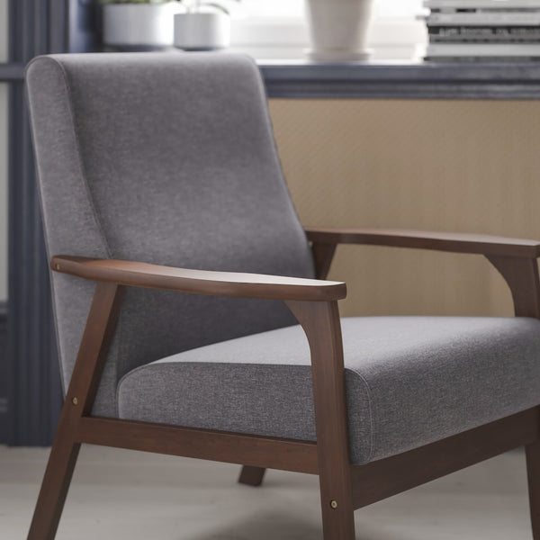 English Elm Langston Commercial-Grade Upholstered Mid Century Modern Arm Chair with Walnut Frame for Comfort Dark Gray Faux Linen IS-IT673317-GY-GG