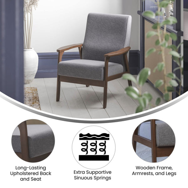 English Elm Langston Commercial-Grade Upholstered Mid Century Modern Arm Chair with Walnut Frame for Comfort Dark Gray Faux Linen IS-IT673317-GY-GG