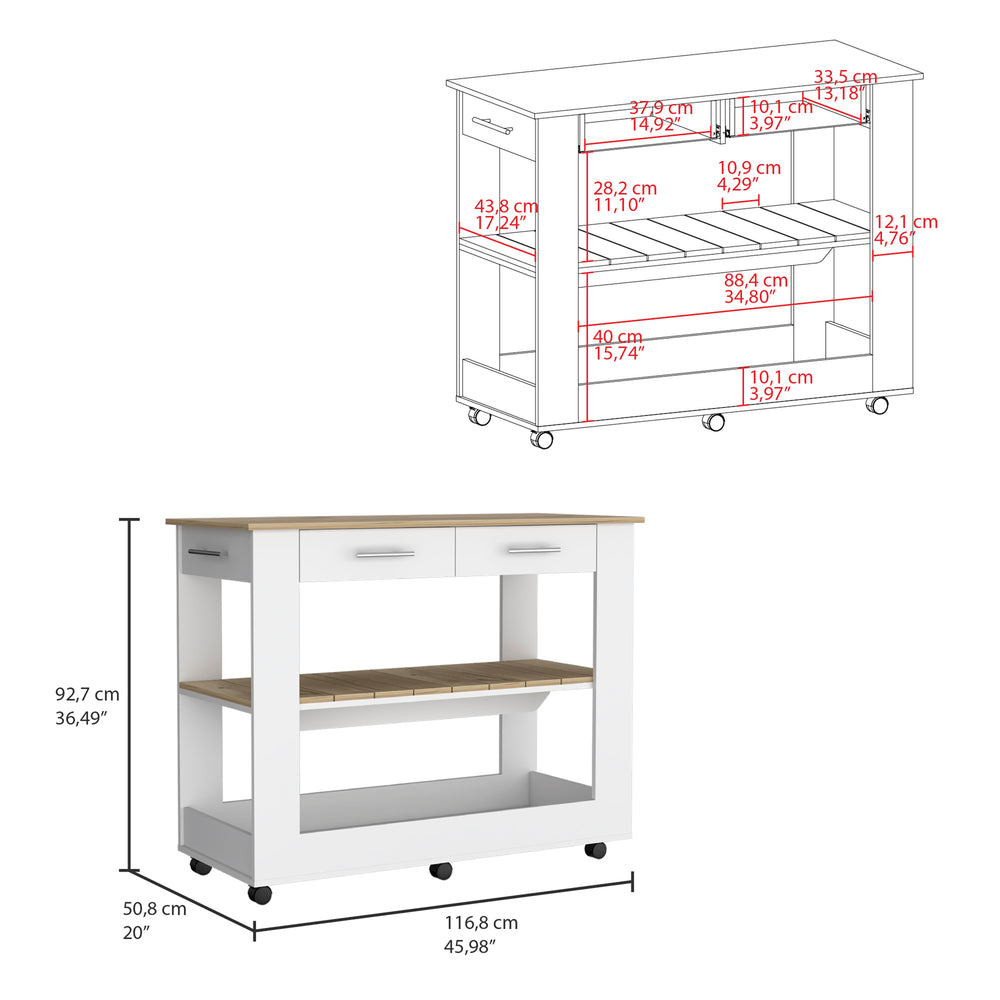 English Elm Cala Kitchen Island With Six Casters, Two Drawers & Open Shelving - Modern White & Light Oak Design B20092031