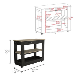 English Elm Cala Kitchen Island - Mobile Black & Light Oak Countertop With Drawers & Open Shelves For Storage B20092030