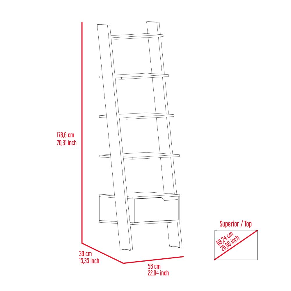 English Elm Oslo Modern Ladder Bookcase Dark Walnut – Five Open Shelves, One Drawer, Wall-Mounted Stylish Storage B20091974