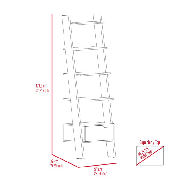 English Elm Oslo Modern Ladder Bookcase Dark Walnut – Five Open Shelves, One Drawer, Wall-Mounted Stylish Storage B20091974