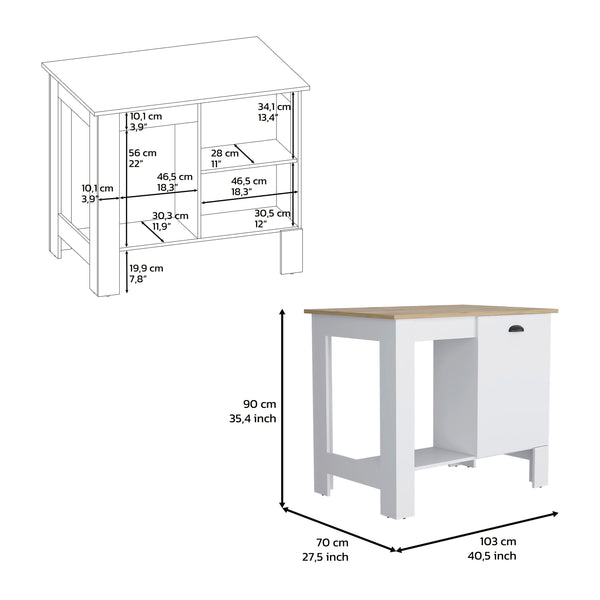 English Elm Kitchen Island 35" H With Storage Cabinet & Open Shelves - White/Macadamia Finish For Modern Spaces B097132932