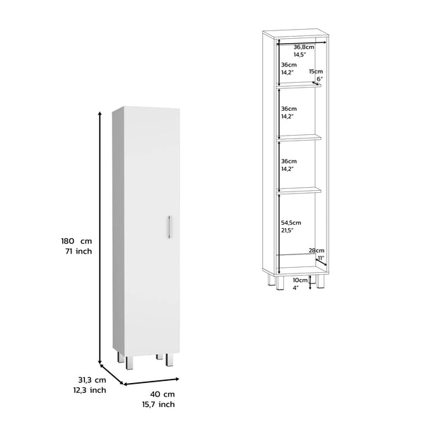 English Elm Storage Cabinet with Four Interior Shelves, Three Broom Hangers, Metal Legs for Organized Storage White 71.65 L x 20.86 W x 3.94 H B097133209